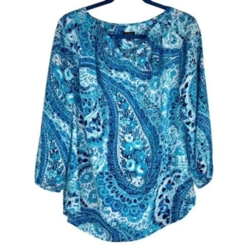 Talbots Blue Paisley Boho Blouse 3/4 Sleeves - Picture 1 of 4